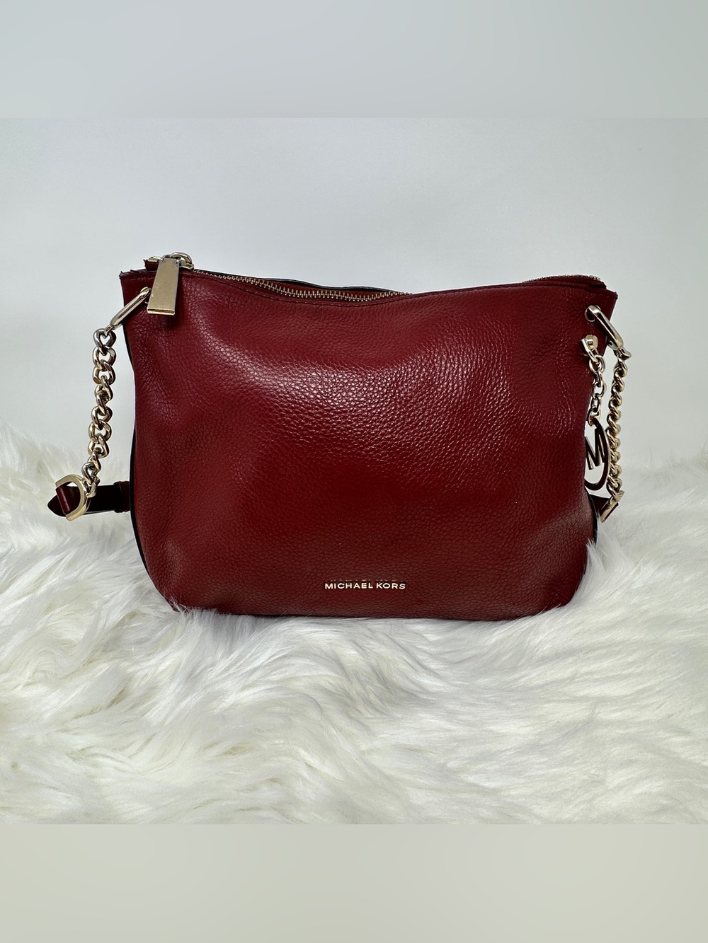Michael Kors Deep Red Pebbled Leather Chain-Accent Crossbody